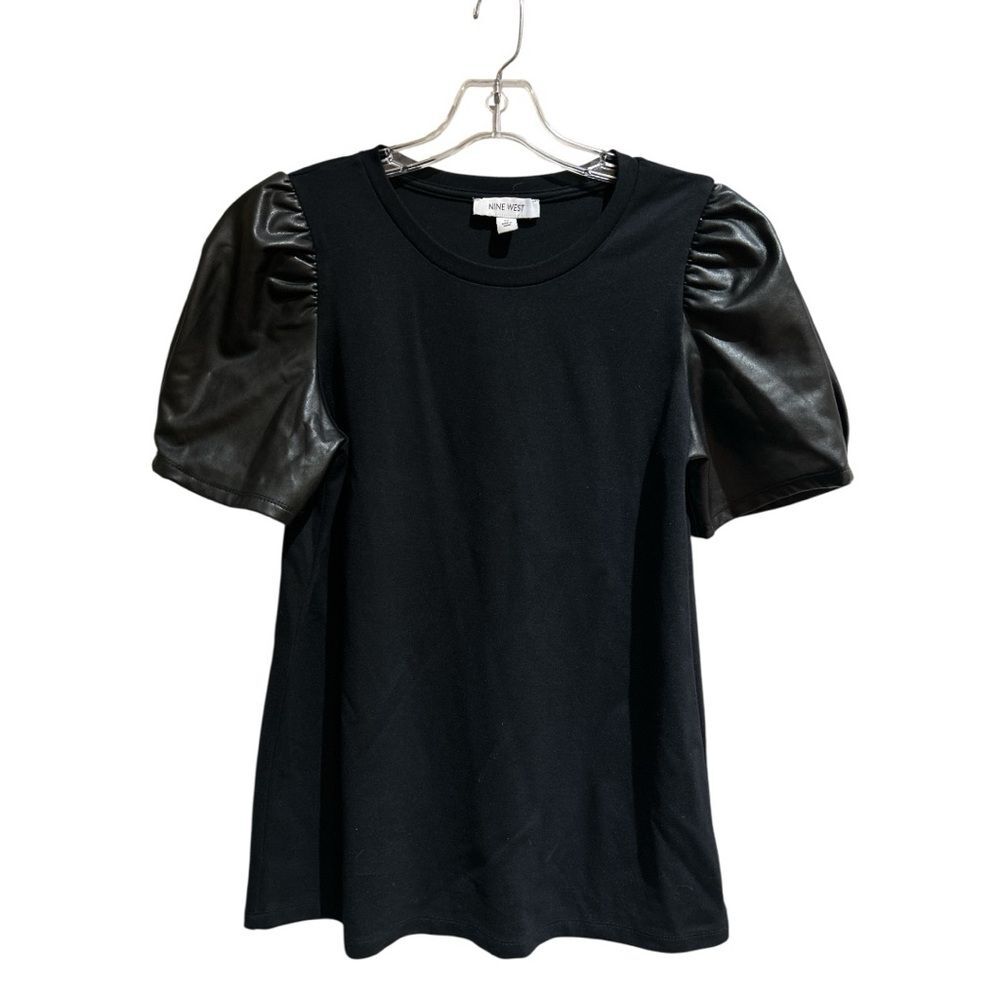 Nine West Black Faux Leather Puff Sleeve Top Mixed Media Knit Blouse M